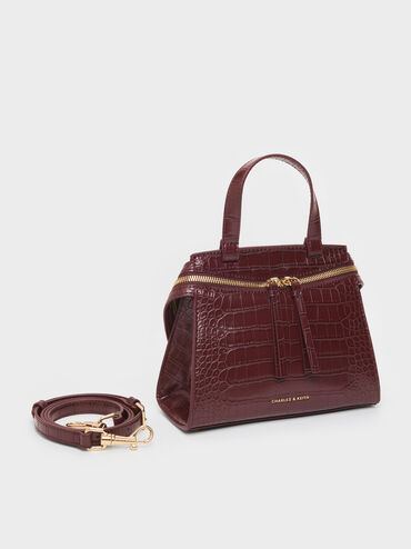 Pansy Trapeze Croc-Effect Top Handle Bag, Wineberry Red, hi-res