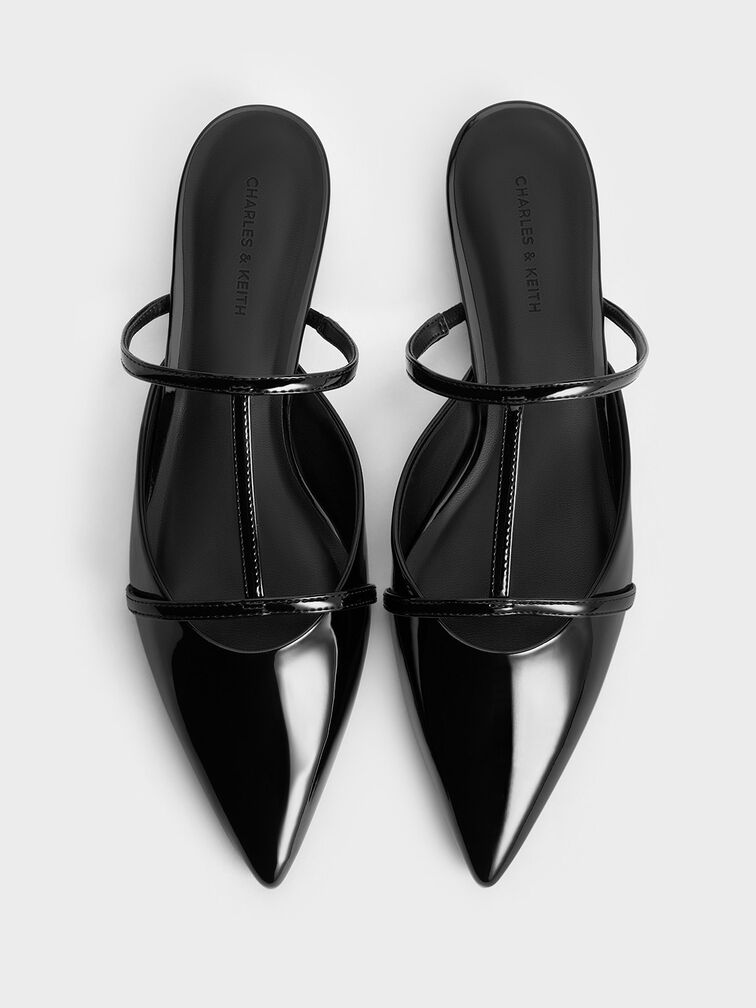 Gi&agrave;y mules mũi nhọn Clara T-Bar Pointed-Toe, Đen b&oacute;ng nh&aacute;m, hi-res