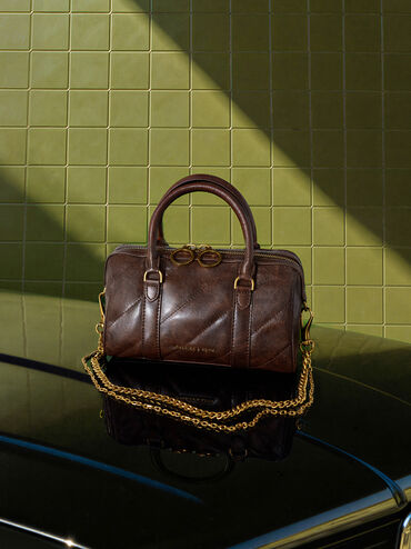 Philomena Panelled Chain-Handle Bowling Bag, Distressed Coffee, hi-res
