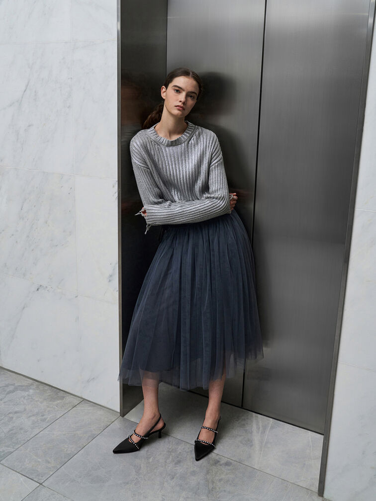 Gi&agrave;y cao g&oacute;t mũi nhọn Satin Crystal-Embellished, Đen họa tiết, hi-res