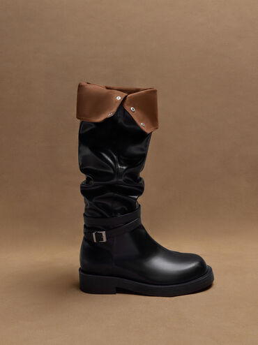 Gi&agrave;y boot cổ cao Ellis Ruched, Đen, hi-res