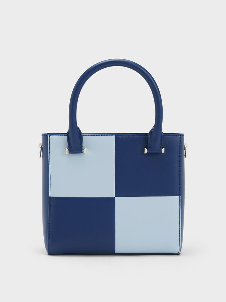 Georgette Checkered Square Tote Bag, Navy, hi-res