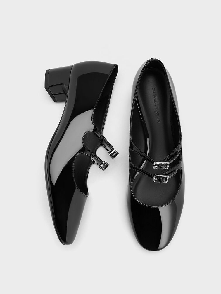 Double Crystal-Buckle Mary Jane Pumps, Black Boxed, hi-res