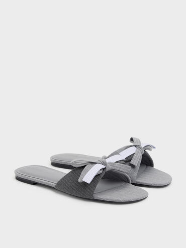 Striped Bow Slide Sandals, Grey, hi-res