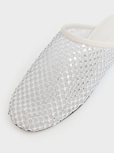 Maggie Mesh Crystal Flat Mules, White, hi-res