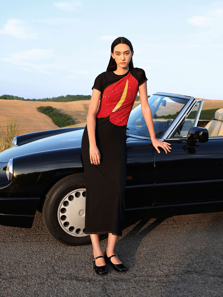 Giày búp bê mũi vuông Patent Pearl-Buckle, Đen bóng, hi-res