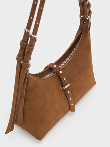 Lark Recycled Suede Studded Belted Shoulder Bag, Sienna Brown, hi-res