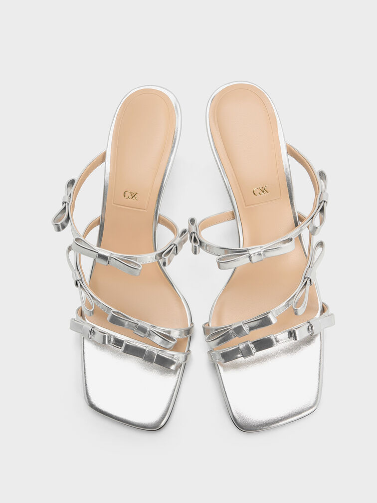Gi&agrave;y mules cao g&oacute;t Jessy Metallic Leather Bow, Bạc, hi-res
