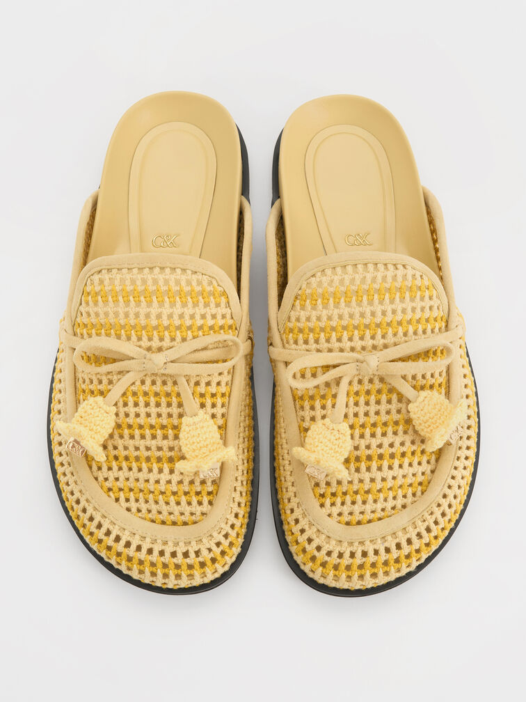 Crochet & Suede Flower Mules, Yellow, hi-res