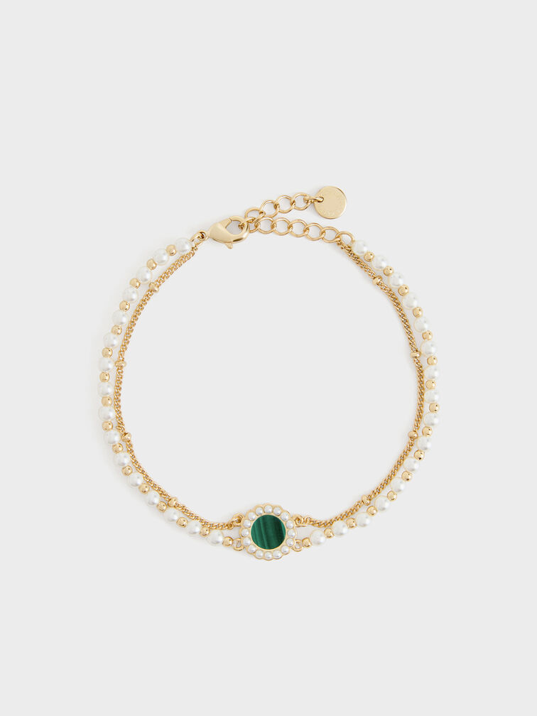 Pearl & Gemstone Double-Chain Bracelet, Green, hi-res