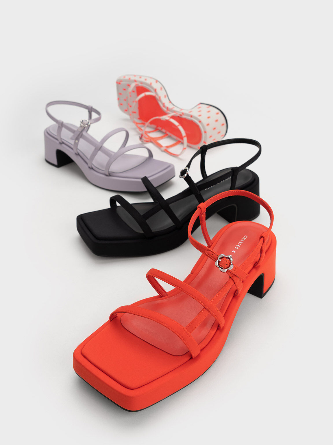 Flower-Buckle Printed Strappy Sandals, Coral Pink, hi-res