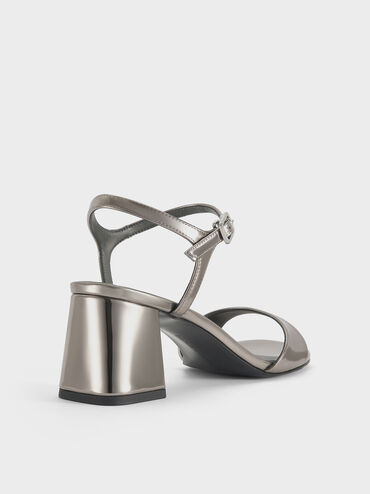 Metallic Ankle-Strap Block-Heel Sandals, Pewter, hi-res
