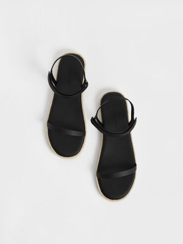 Giày sandals nữ quai mảnh Ankle Strap Flat Espadrill, Đen, hi-res
