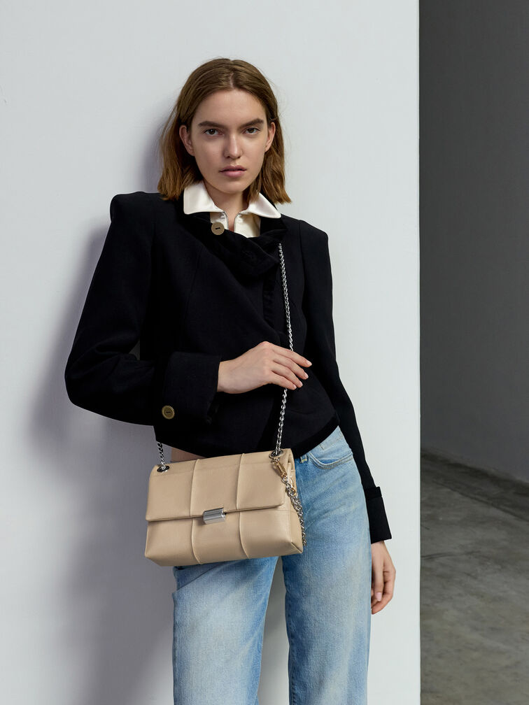 T&uacute;i đeo vai nắp gập Delfina, Sand Beige, hi-res