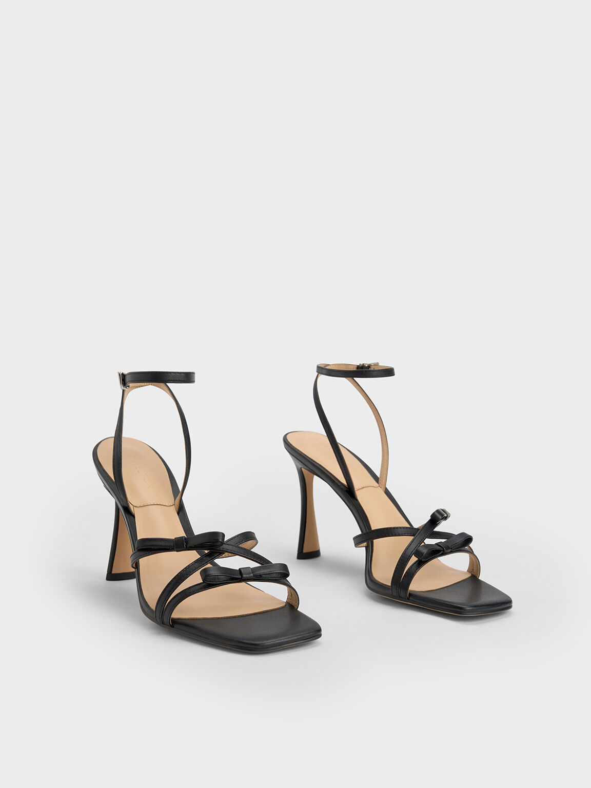 Leather Bow Strappy Sandals, Black, hi-res