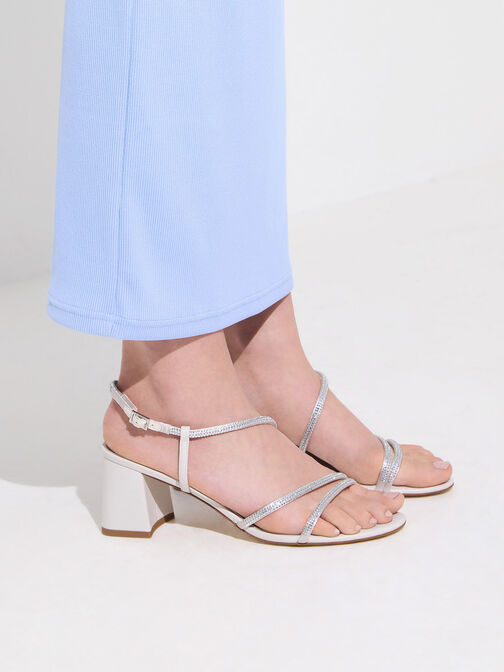 Giày sandals cao gót Satin Crystal-Embellished, Trắng, hi-res