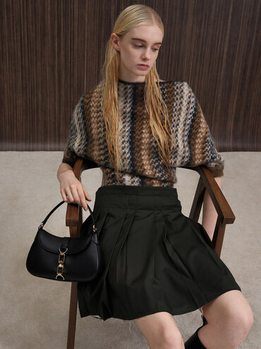 Agatha Chain-Accent Hobo Bag, Black, hi-res