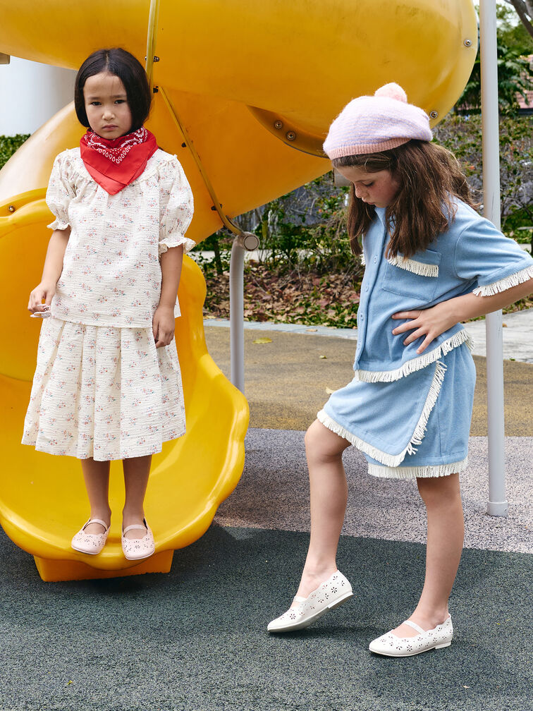 Girls' Floral Cut-Out Mary Jane Flats, Light Pink, hi-res