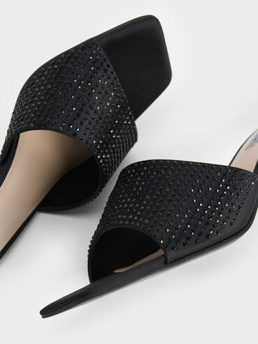 Recycled Polyester Crystal-Embellished Heeled Mules, Black Textured, hi-res