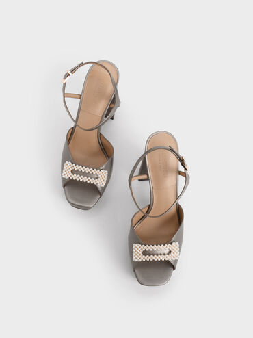 Bead-Embellished Leather Platform Sandals, Pewter, hi-res