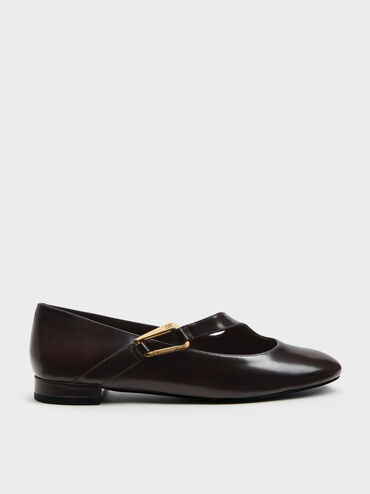 Daena Leather Asymmetric-Strap Mary Janes, Dark Brown, hi-res