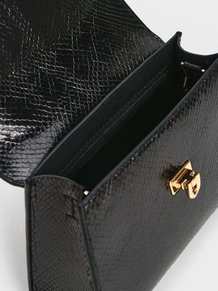 Tallulah Snake-Print Trapeze Top Handle Bag, Black, hi-res