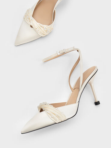 Leda Beaded Satin Ankle-Strap Pumps, White, hi-res