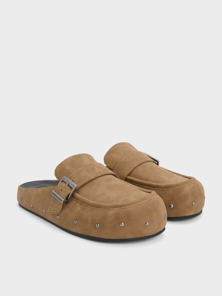 Studded Buckled Flat Mules, Sand, hi-res