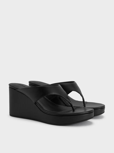 Thong Platform Wedges, Black, hi-res