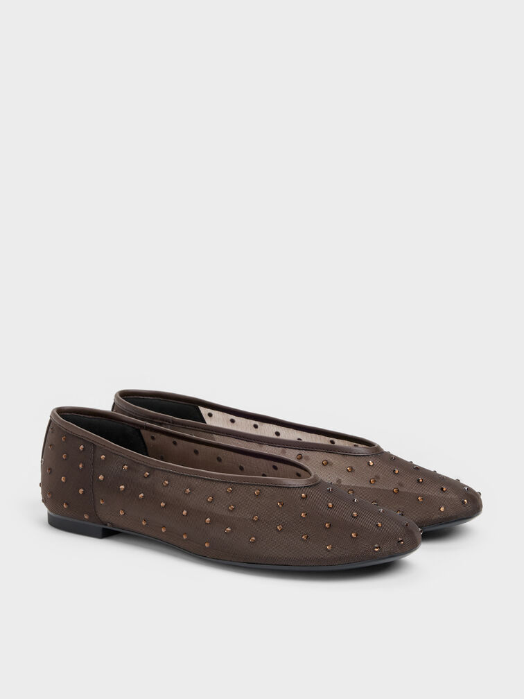 Mesh Crystal Ballet Flats, Dark Brown Textured, hi-res