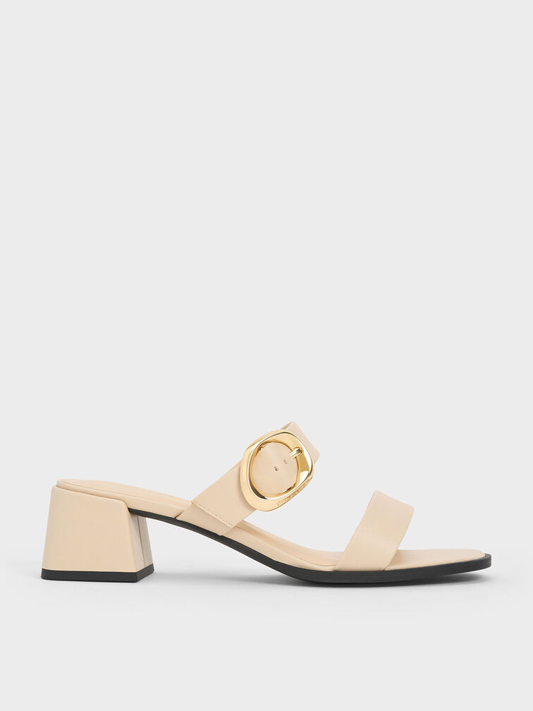 Oval-Buckle Heeled Mules, Nude, hi-res