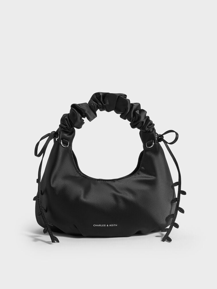 Mabel Satin Floral-Vine Hobo Bag, Noir, hi-res
