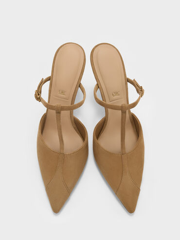 Suede T-Bar Pointed Heeled Mules, Sand, hi-res