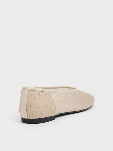 Mesh Crystal Ballet Flats, Beige, hi-res