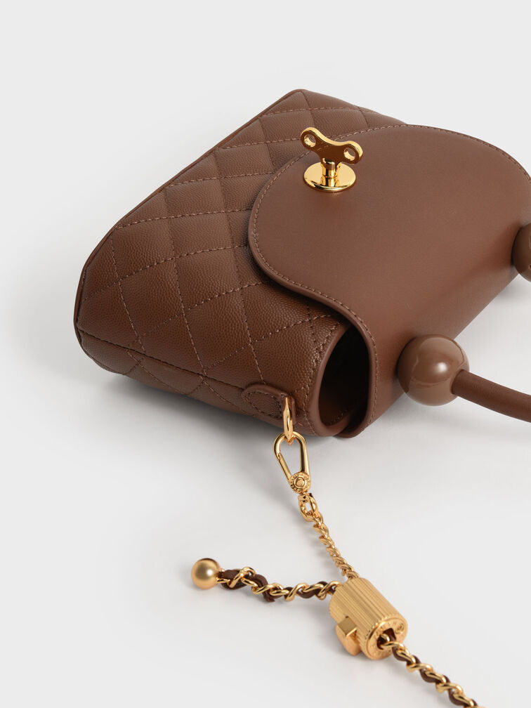 Round Quilted Top Handle Bag, Chocolate, hi-res