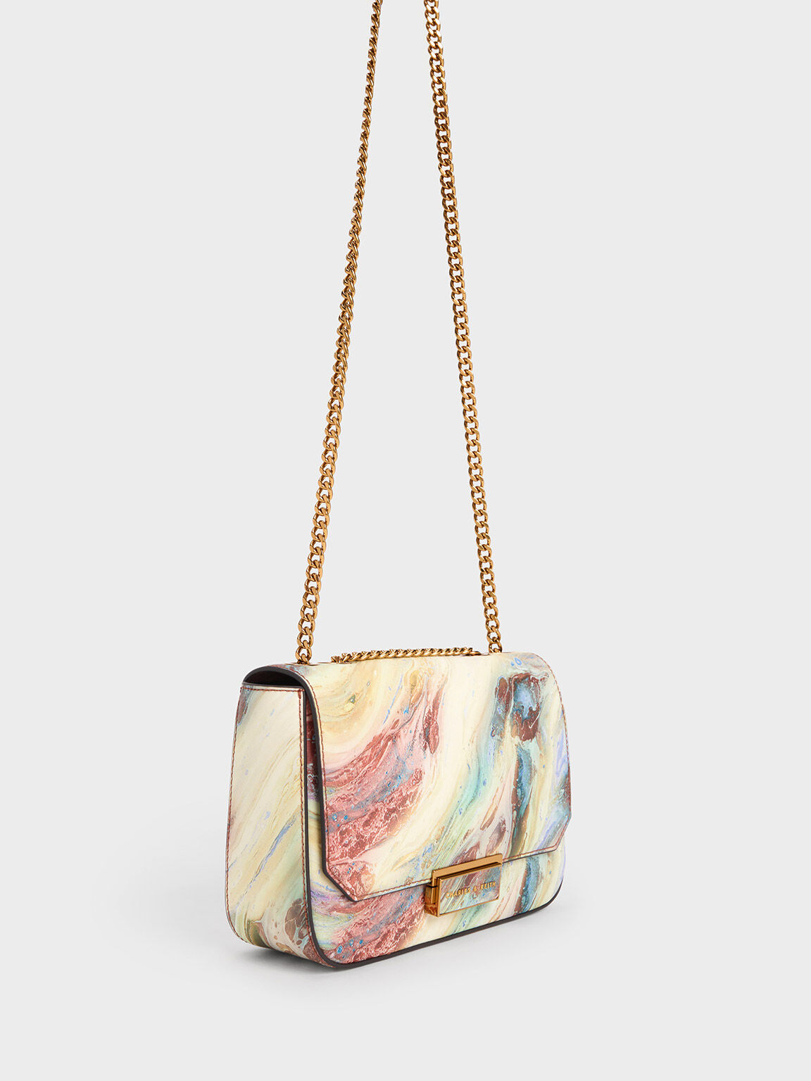 Túi đeo vai phom chữ nhật Swirl-Print Push Lock Chain, Nhiều màu, hi-res