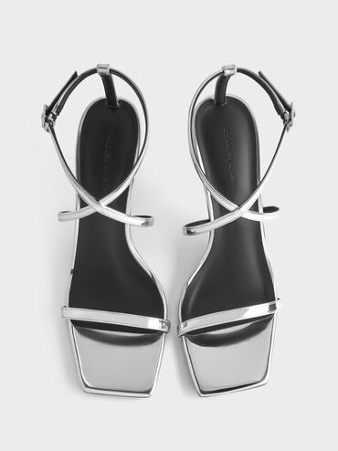 Metallic Strappy Heeled Sandals, Silver, hi-res