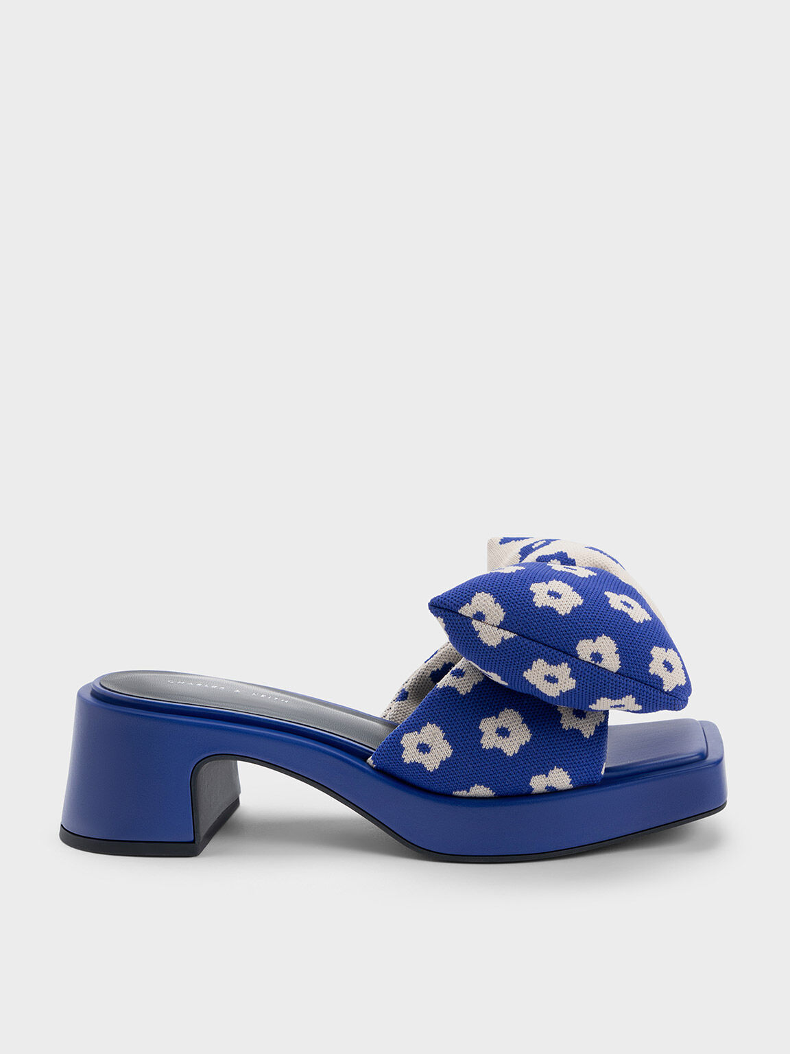 Giày mules cao gót Floral Puffy Bow, Xanh blue, hi-res