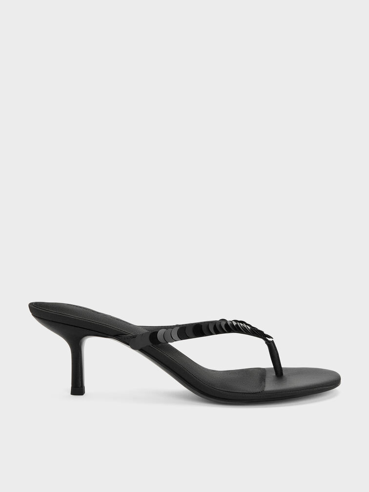 Briella Sequinned Heeled Thong Sandals, Black Textured, hi-res