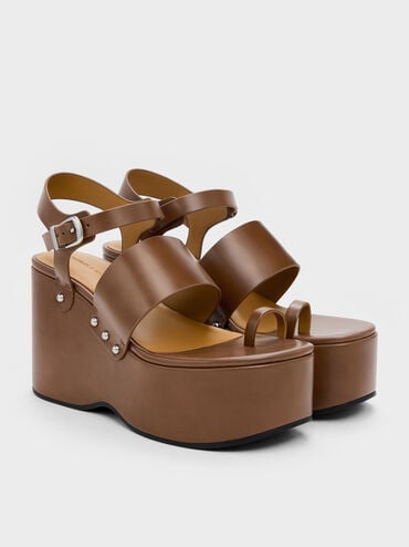 Tarian Toe-Ring Platform Wedges, Cognac, hi-res