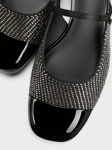 Pearl & Crystal-Embellished Cap-Toe Slingback Mary Jane Flats, Black Textured, hi-res