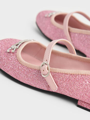Giày búp bê trẻ em Metallic Accent Glittered Mary Janes, Hồng, hi-res