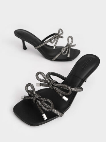 Giày sandals nữ thắt nơ Gem Embellished Bow Tie, Đen, hi-res
