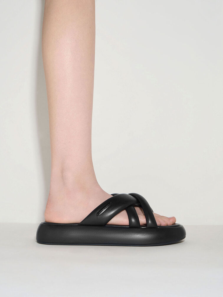 Puffy Crossover-Strap Slide Sandals, Black, hi-res