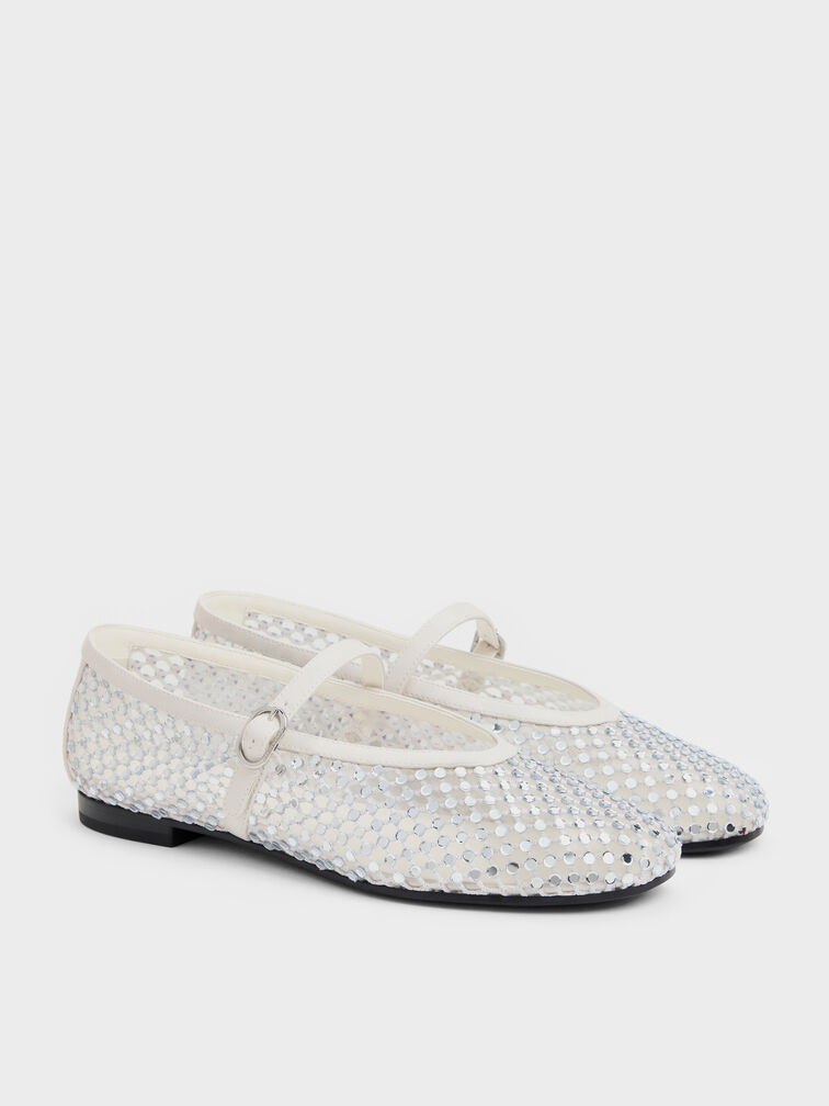 Maggie Mesh Crystal Mary Janes, White, hi-res