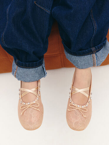 Giày búp bê mũi tròn Lace Crystal, Nude, hi-res