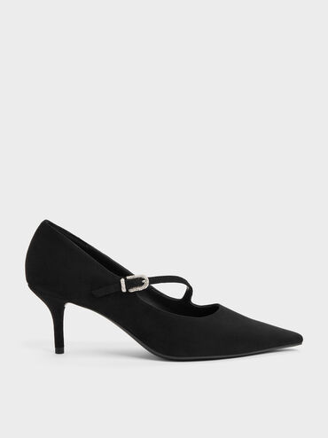 Faux Suede Asymmetric-Strap Pumps, Black Textured, hi-res