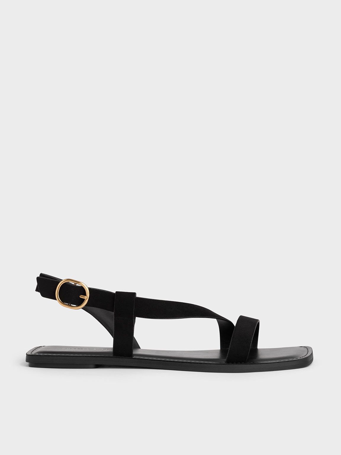Textured Asymmetric Slingback Flat Sandals, Black Textured, hi-res