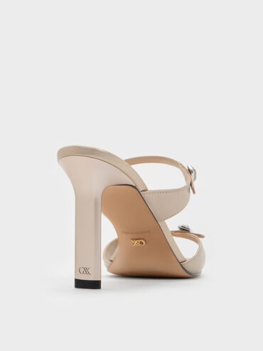 Pearlescent Leather Gem-Buckle Double-Strap Heeled Sandals, Ivory, hi-res