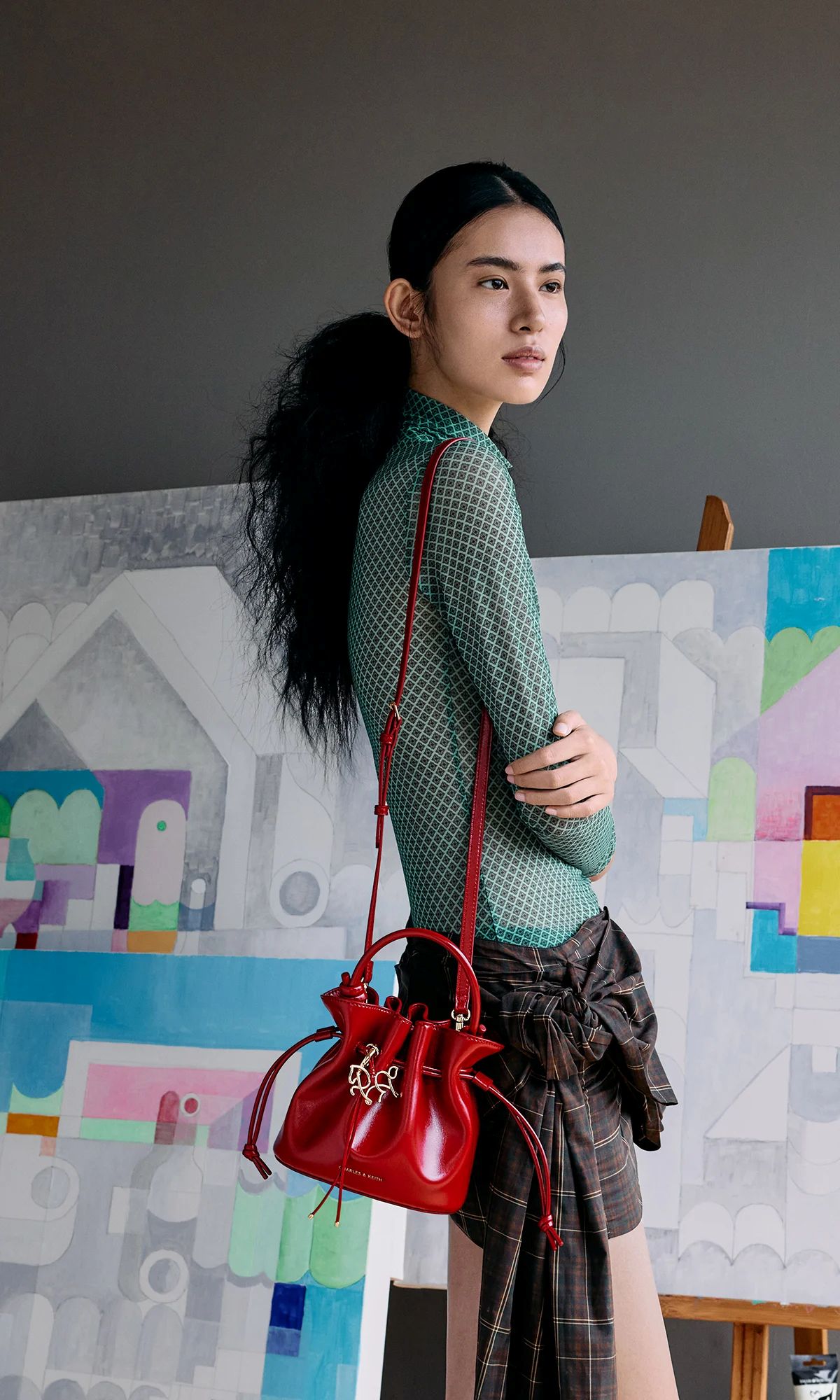 Ivette Woven Top Handle Bag - Wineberry Red - CHARLES & KEITH